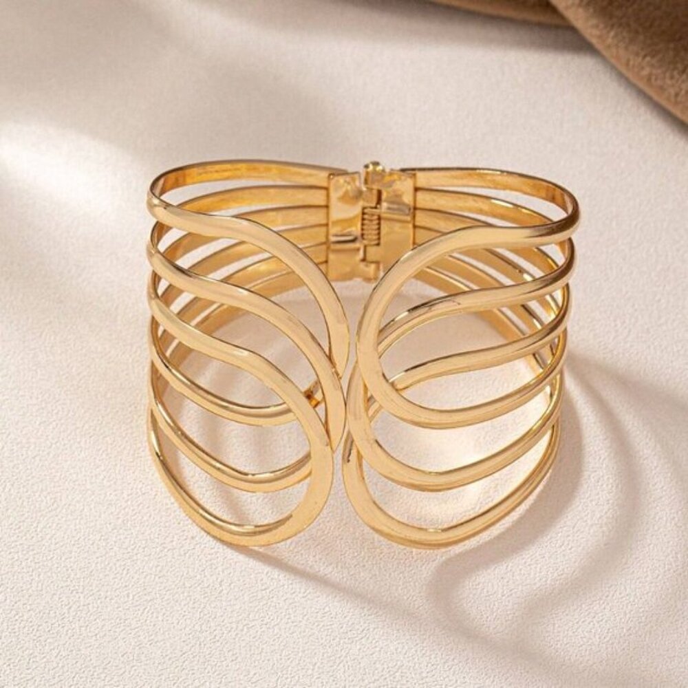 Modern Abstract Gold Wire Cage Cuff Bracelet